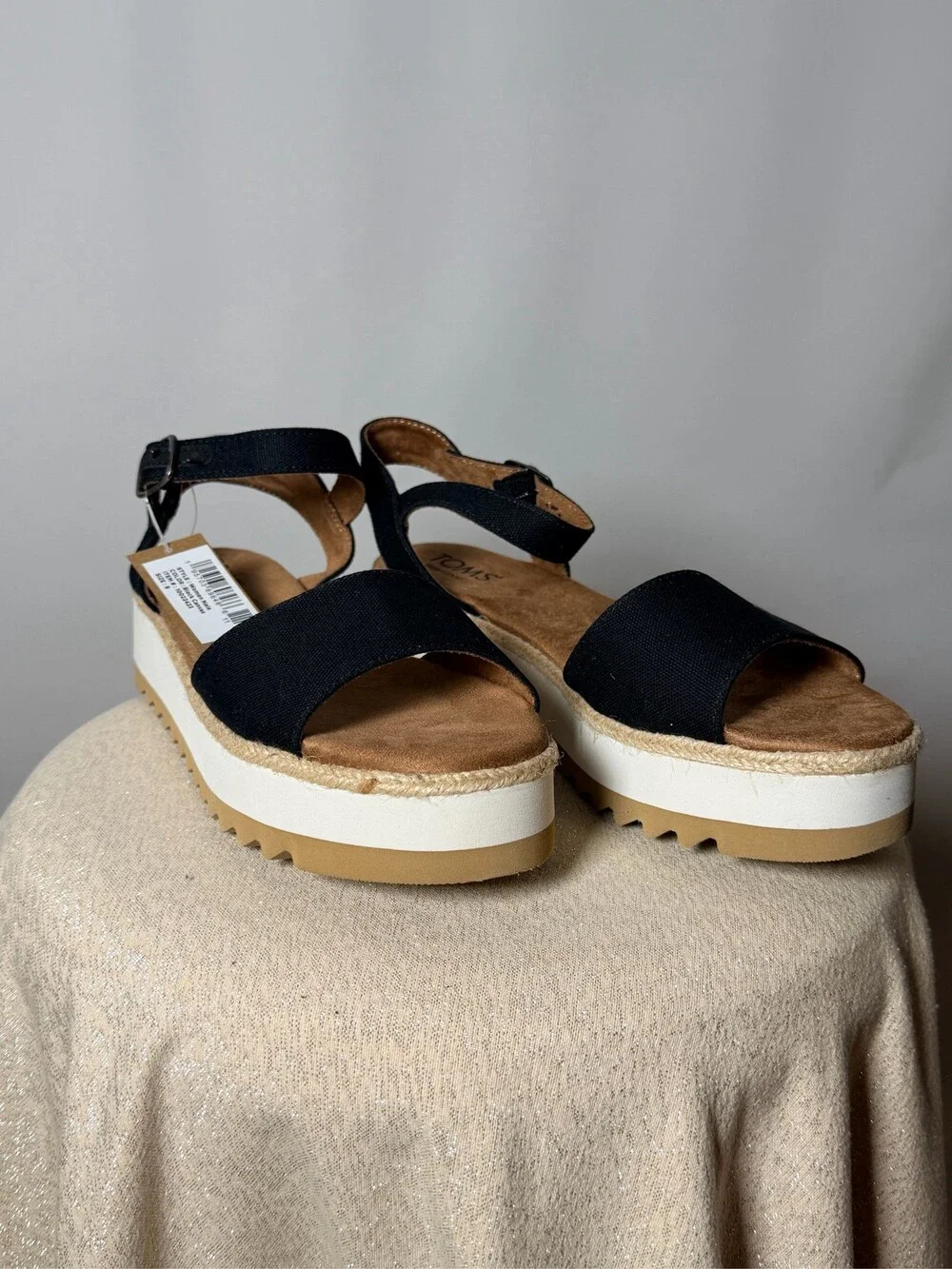 TOMS Women's Black Canvas Ankle Strap Platform Espadrille Sandals